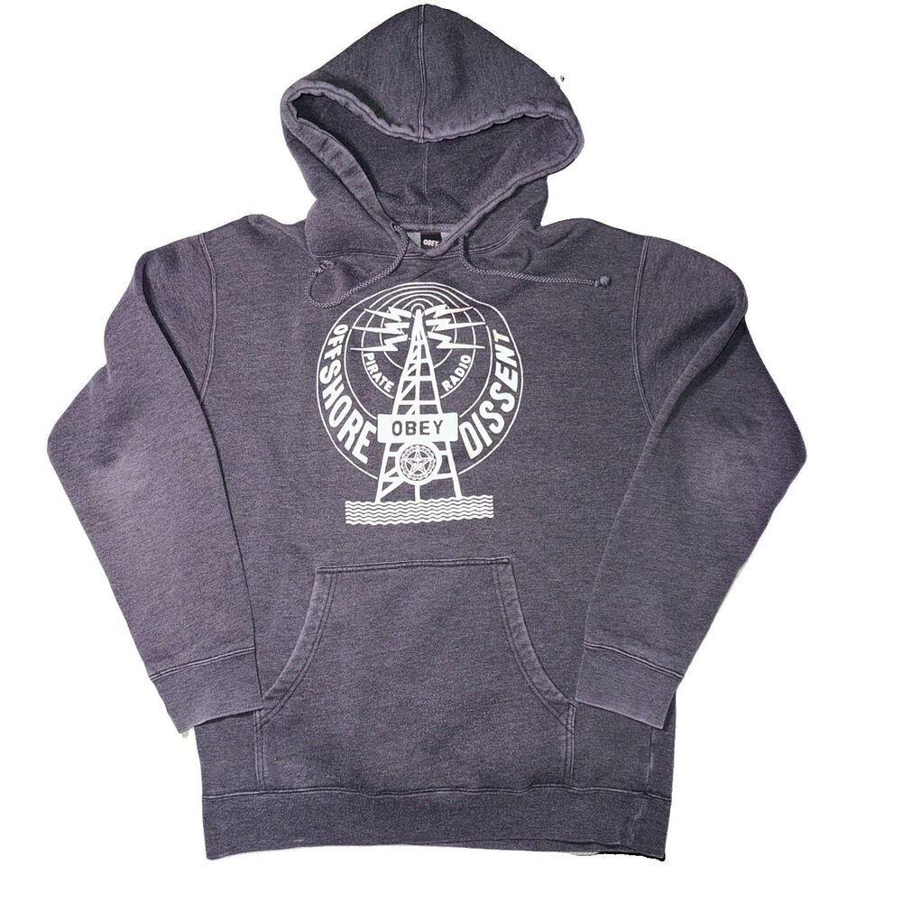 Obey Men Sweatshirt Medium Gray Hoodie Logo Pirate Radio Pullover w/Drawstring
